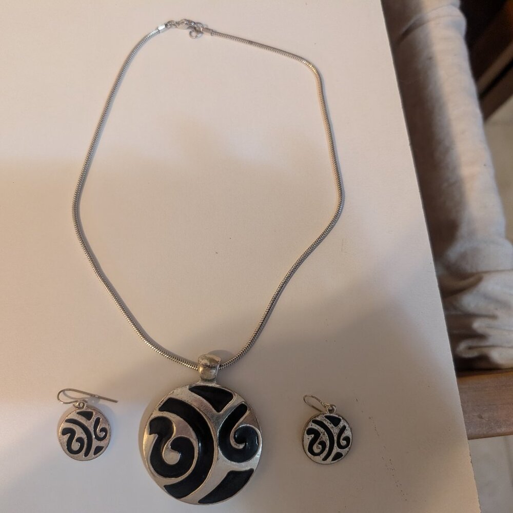 Silver and Black necklace matching earrings